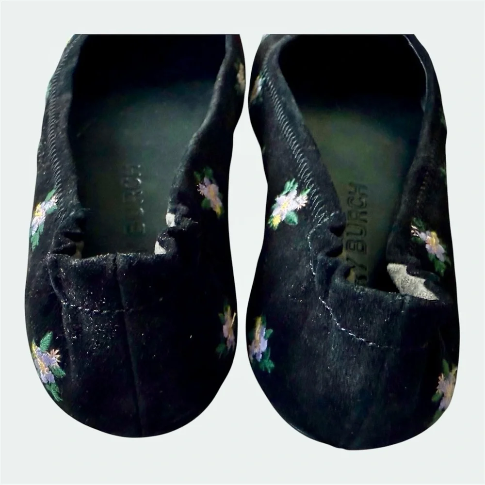 TORY BURCH Minnie Travel Flat Women 8 Black Daybreak Ditsy Floral Embroider Shoe